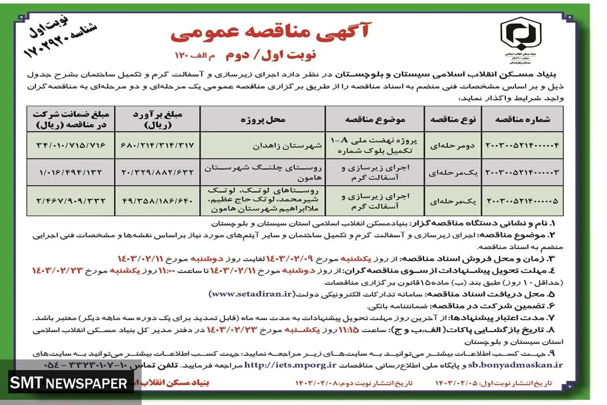 مناقصه عمومی اجرای زیرسازی و آسفالت گرم بنیاد مسکن انقلاب اسلامی سیستان و بلوچستان