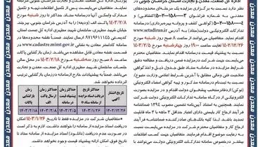 مزایده عمومی محدوده های اکتشافی، گواهی کشف و پروانه بهره برداری معادن خراسان جنوبی اسفند 1402