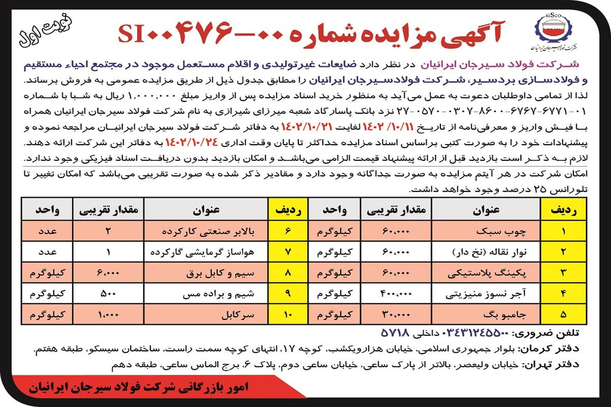 مزایده عمومی فروش فروش ضایعات غیرتولیدی و اقلام مستعمل موجود شرکت فولاد سیرجان ایرانیان