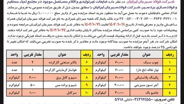 مزایده عمومی فروش فروش ضایعات غیرتولیدی و اقلام مستعمل موجود شرکت فولاد سیرجان ایرانیان