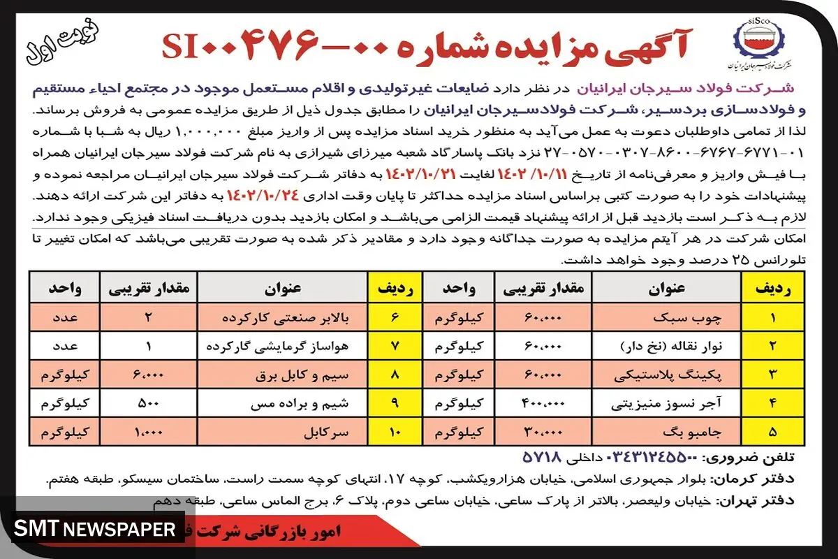 مزایده عمومی فروش فروش ضایعات غیرتولیدی و اقلام مستعمل موجود شرکت فولاد سیرجان ایرانیان