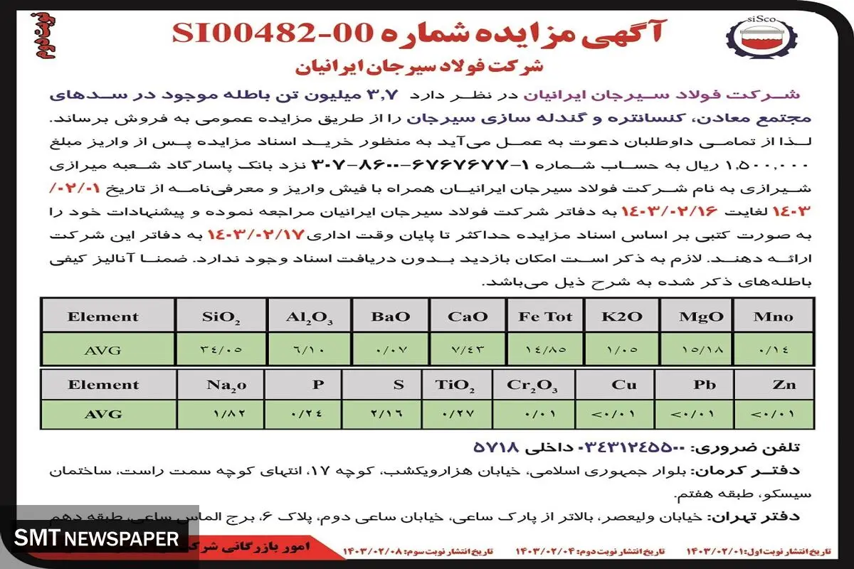 مزایده عمومی فروش 3.7 میلیون تن باطله موجود در سدهای مجتمع معادن، کنسانتره و گندله ساز شرکت فولاد سیرجان ایرانیان