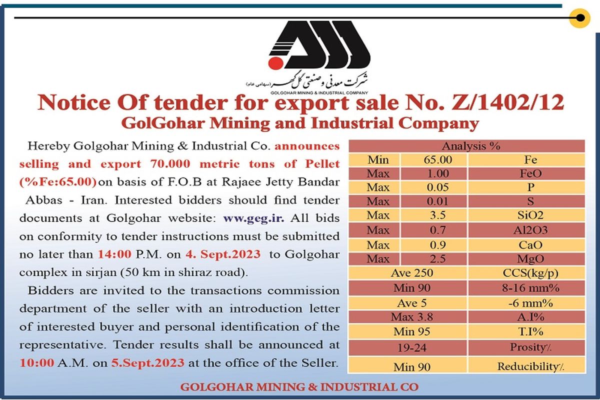 آگهی مناقصه فروش صادراتی 70000 متریک تن گندله شرکت گل گهر