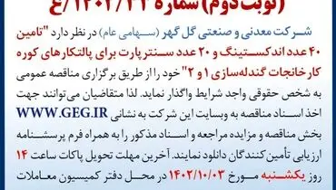 مناقصه عمومی تجدید شده شرکت گل گهر جهت واگذاری تامین 40عدد اندکستینگ و 20 عدد سنترپارت برای پالتکارهای کوره کارخانجات گندله سازی 1 و 2