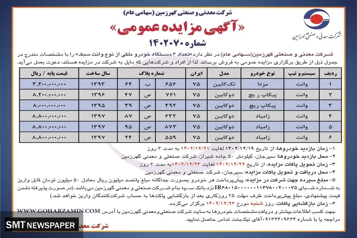 مزایده عمومی فروش تعداد 6 دستگاه خودروی ملکی از نوع وانت سبک شرکت گهرزمین