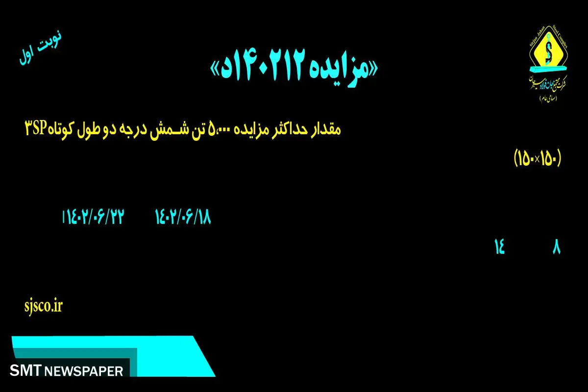 مزایده عمومی فروش حداکثر 5000 تن شمش درجه دو طول کوتاه 3SP شرکت جهان فولاد سیرجان