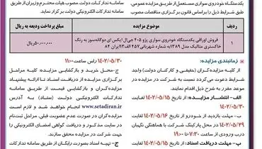 مزایده عمومی خودروی سواری اوراقی شرکت شهرک های صنعتی هرمزگان
