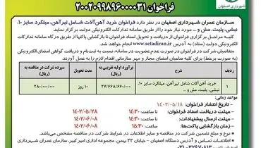 مناقصه عمومی فراخوان خرید آهن آلات سازمان عمران شهرداری اصفهان