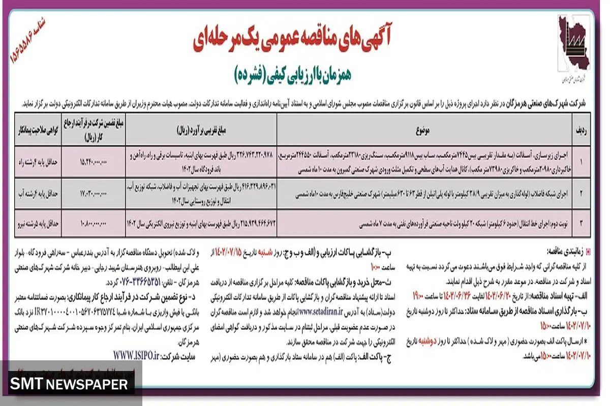 آگهی مناقصه عمومی اجرای زیرسازی، آسفالت ورودی شهرک صنعتی گمبرون شرکت شهرکهای صنعتی هرمزگان