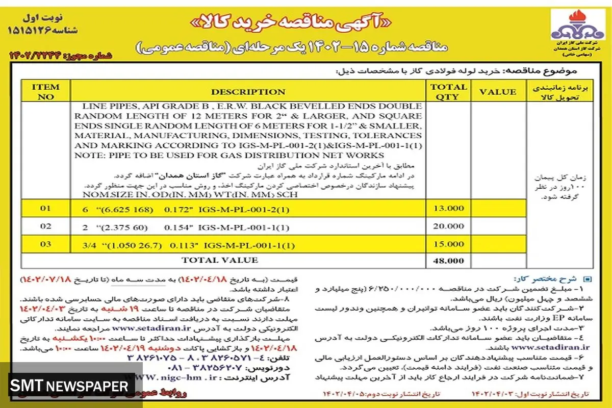مناقصه خرید کالا گاز استان همدان
