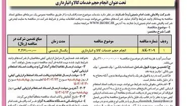 مناقصه عمومی یک مرحله ای واگذاری انجام حجم خدمات کالا و انبارداری شرکت پالایش نفت امام خمینی شازند