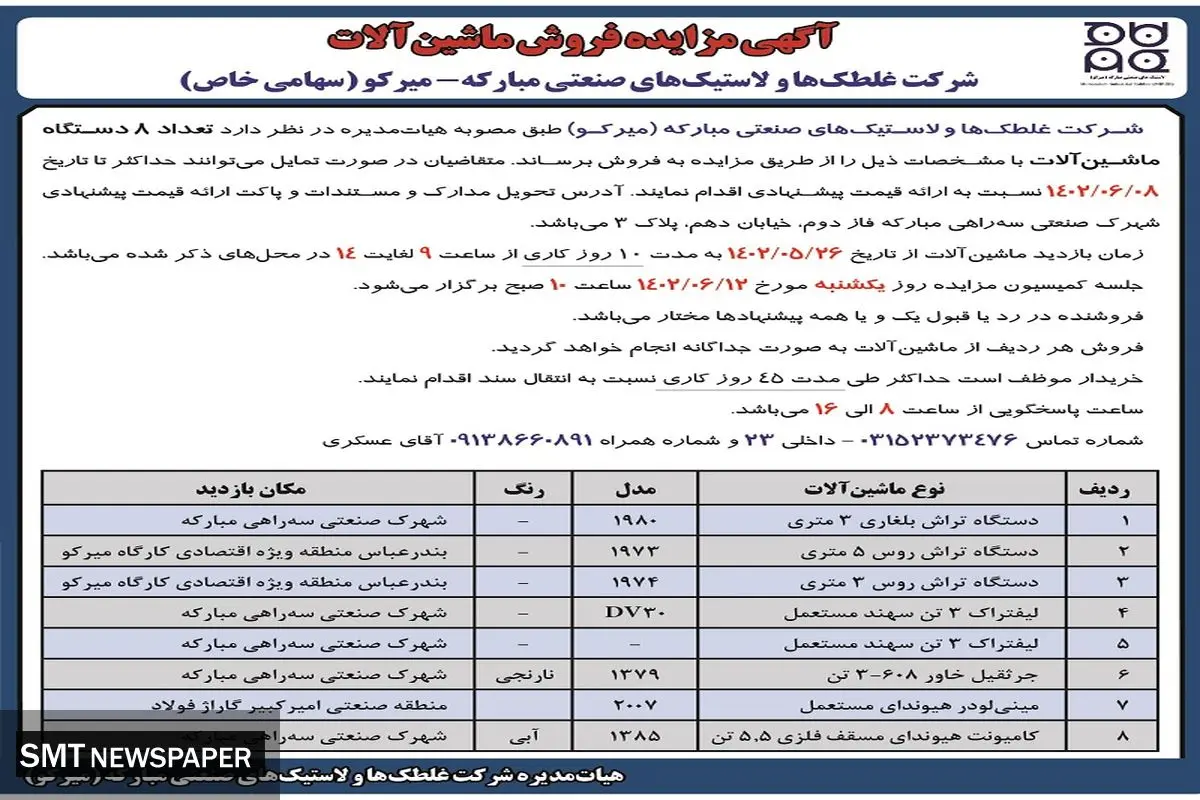 فروش 8 دستگاه ماشین آلات شرکت غلطک ها و لاستیک های صنعتی مبارکه - میرکو