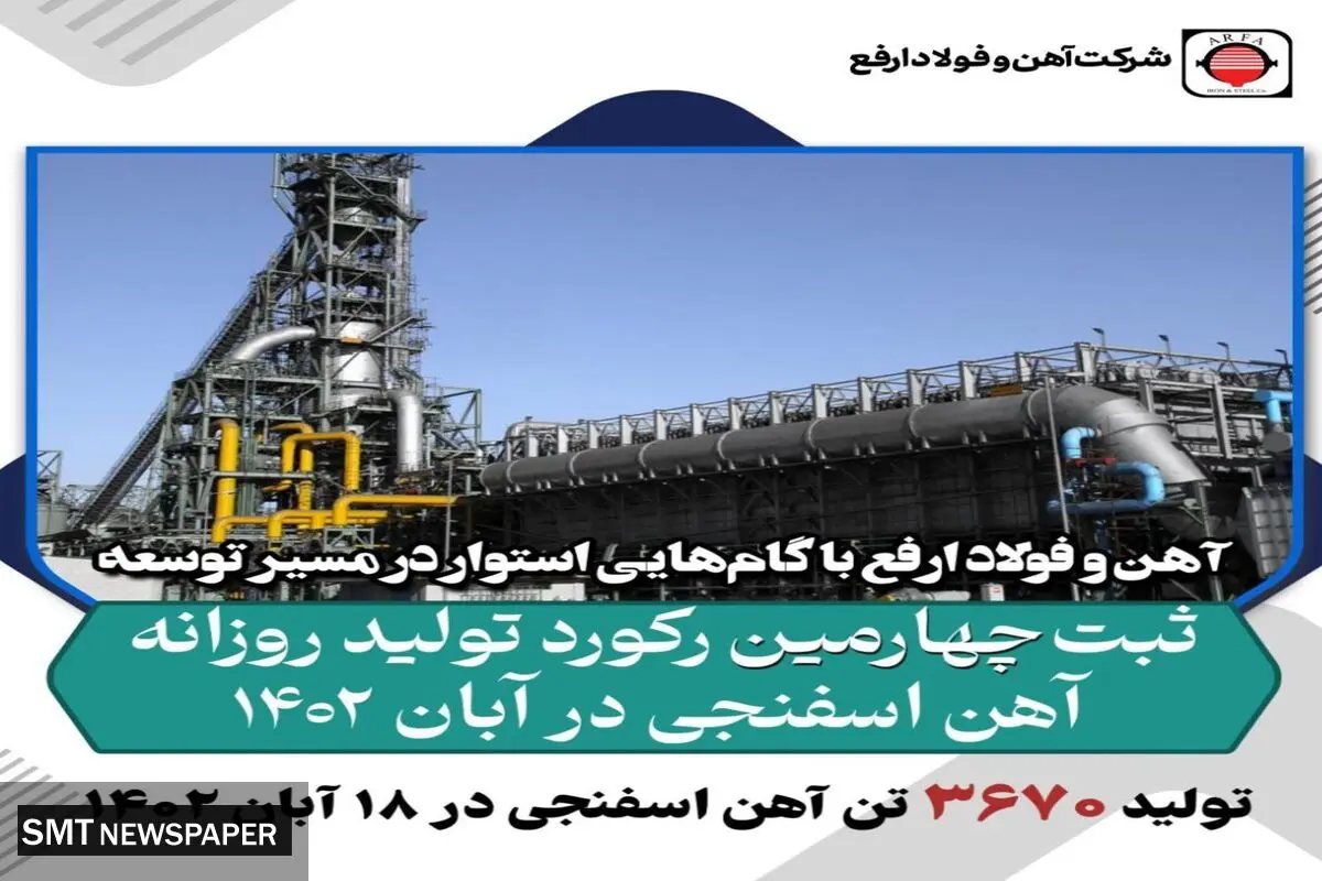ثبت رکورد جدید تولید روزانه آهن اسفنجی در ۱۸ آبان ۱۴۰۲ در فولاد ارفع