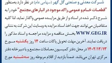 مزایده عمومی تجدید شده قطعات خام و عمومی راکد موجود در انبارهای مجتمع شرکت معدنی و صنعتی گل گهر