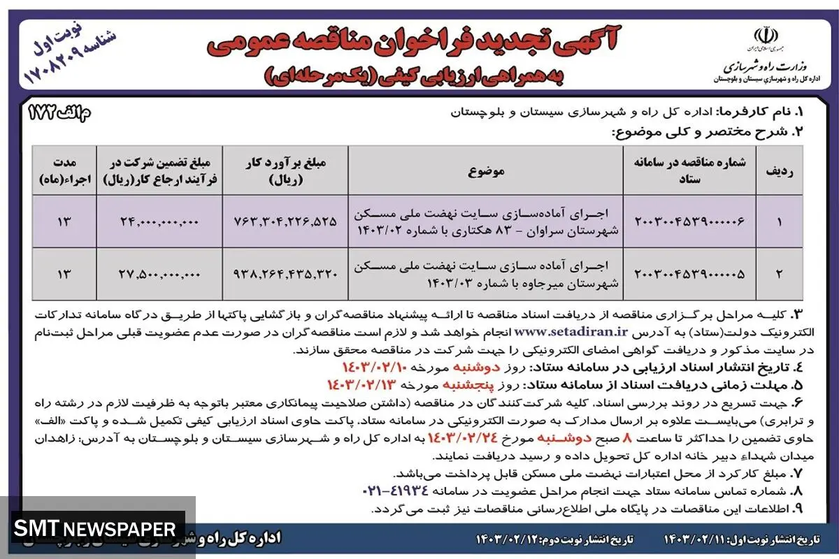 مناقصه عمومی اجرای آماده سازی سایت نهضت مسکن اداره کل راه و شهرسازی سیستان و بلوچستان