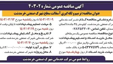 مناقصه عمومی ترمیم و لکه گیری آسفالت سطح شهرک صنعتی خرمدشت