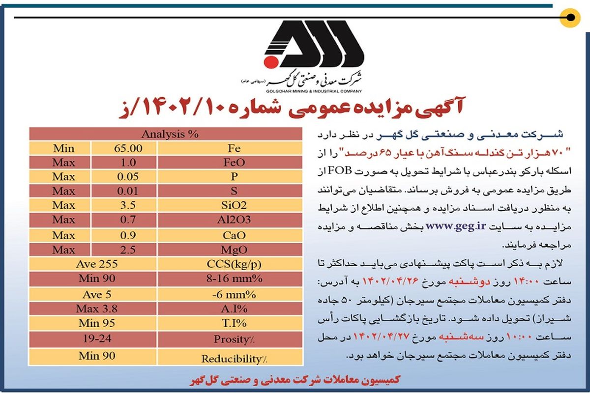 مزایده عمومی 70هزار تن گندله سنگ آهن شرکت معدنی و صنعتی گل گهر 