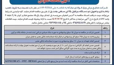 مناقصه عمومی خرید و راه اندازی و تحویل دو دستگاه جرثقیل 25 تن جفت پل شرکت صنایع برش ورق فولادی مبارکه
