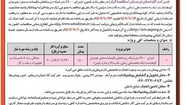 مناقصه عمومی شرکت گاز استان لرستان جهت واگذاری تامین اجرای 7800 متر شبکه روستاهای باقیمانده محور هومیان کوهدشت