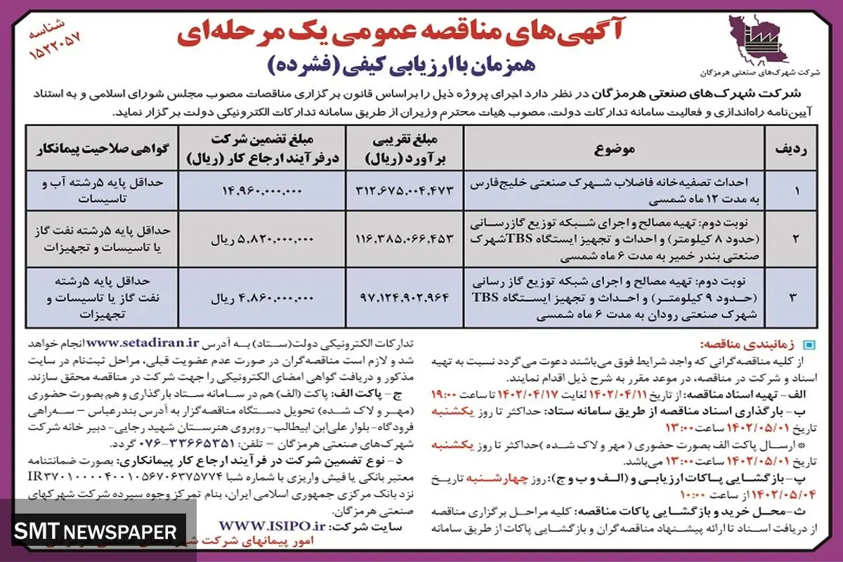مناقصه عمومی احداث تصفیه خانه و اجرای شبکه توزیع گازرسانی شرکت شهرک های صنعتی هرمزگان 