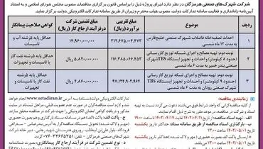 مناقصه عمومی احداث تصفیه خانه و اجرای شبکه توزیع گازرسانی شرکت شهرک های صنعتی هرمزگان 
