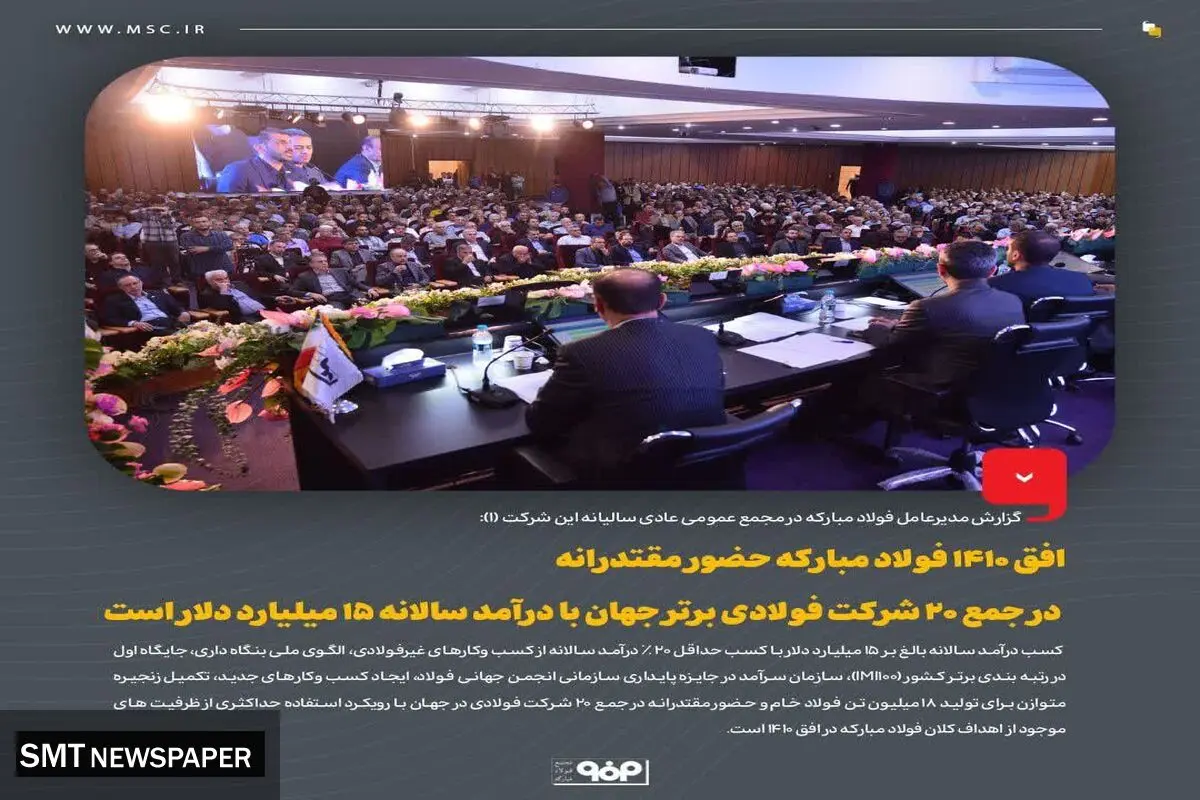 افق ۱۴۱۰ فولاد مبارکه حضور مقتدرانه در جمع ۲۰ شرکت فولادی برتر جهان با درآمد سالانه ۱۵ میلیارد دلار است
