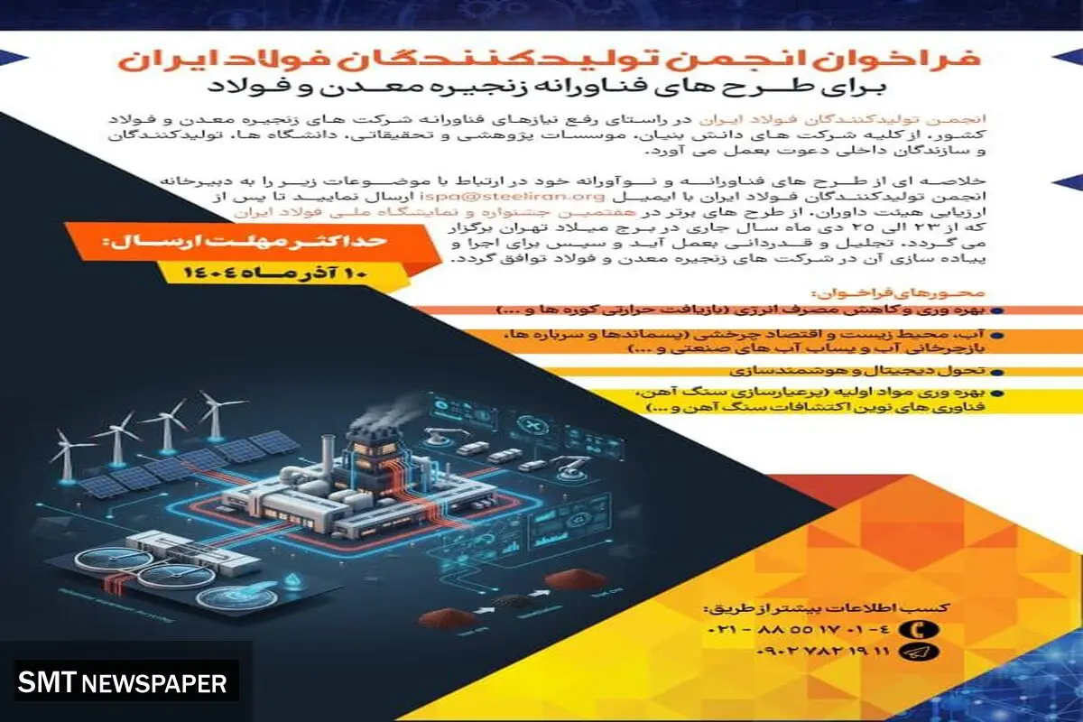 فراخوان انجمن تولیدکنندگان فولاد ایران برای طرح های فناورانه زنجیره معدن و فولاد