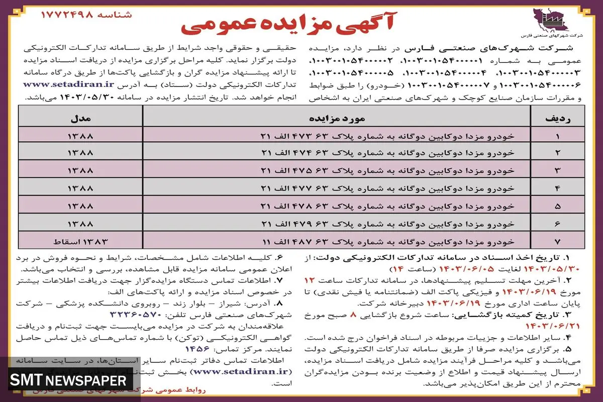 مزایده عمومی شرکت شهرکهای صنعتی فارس