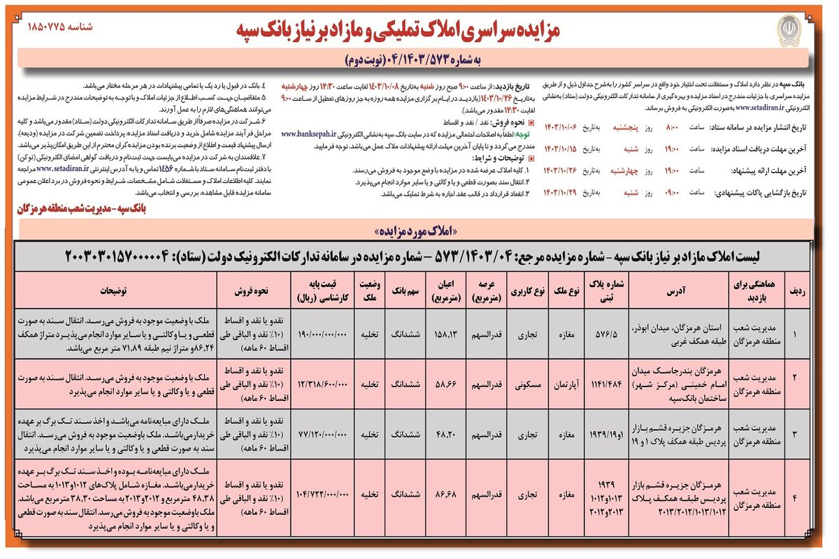 مزایده سراسری املاک تملیکی و مازاد بر نیاز بانک سپه - منطقه هرمزگان