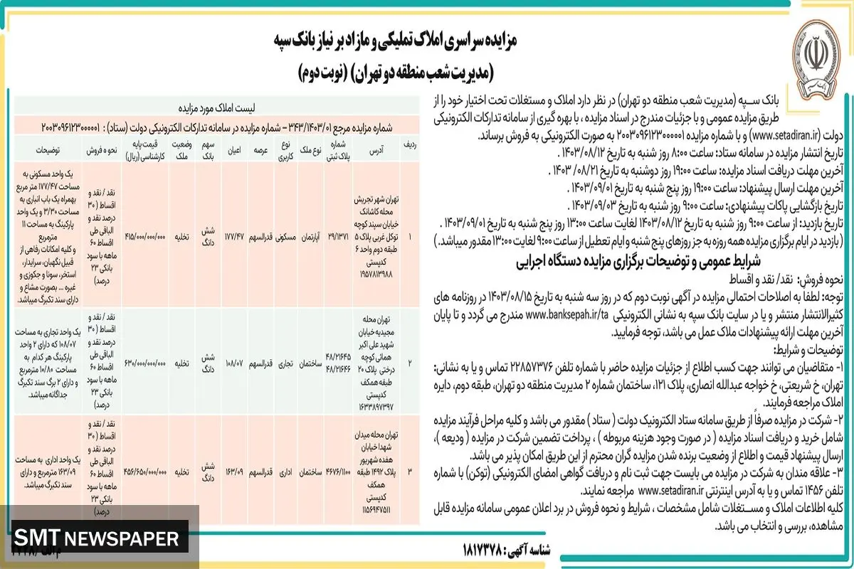 مزایده سراسری املاک تملیکی و مازاد بر نیاز بانک سپه ( نوبت دوم )