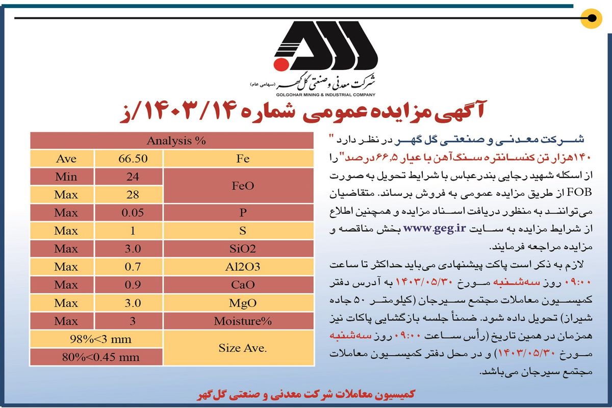 مزایده عمومی فروش 140 هزار تن کنسانتره سنگ آهن شرکت معدنی و صنعتی گل گهر