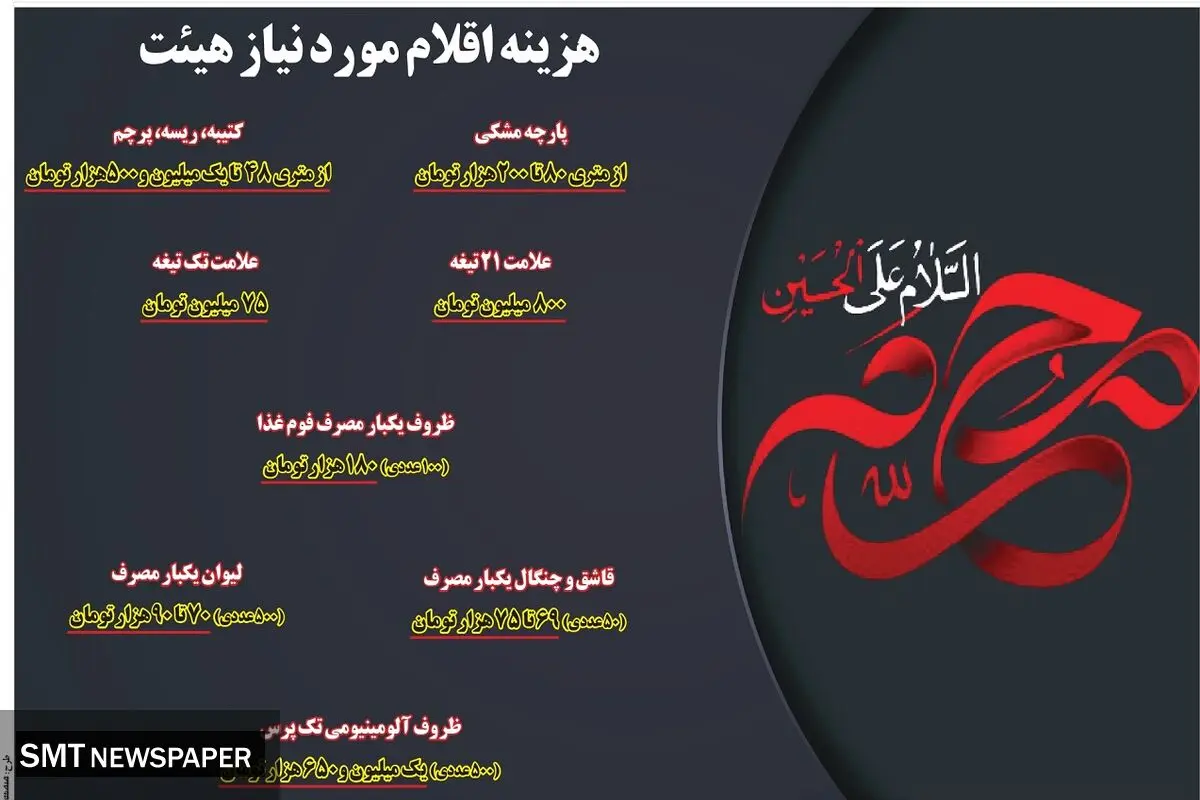 هزینه اقلام مورد نیاز هیئت 