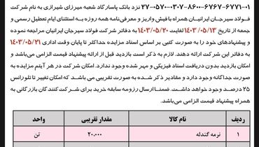 مزایده عمومی فروش تعدادی از ضایعات تولیدی موجود در شرکت فولاد سیرجان ایرانیان