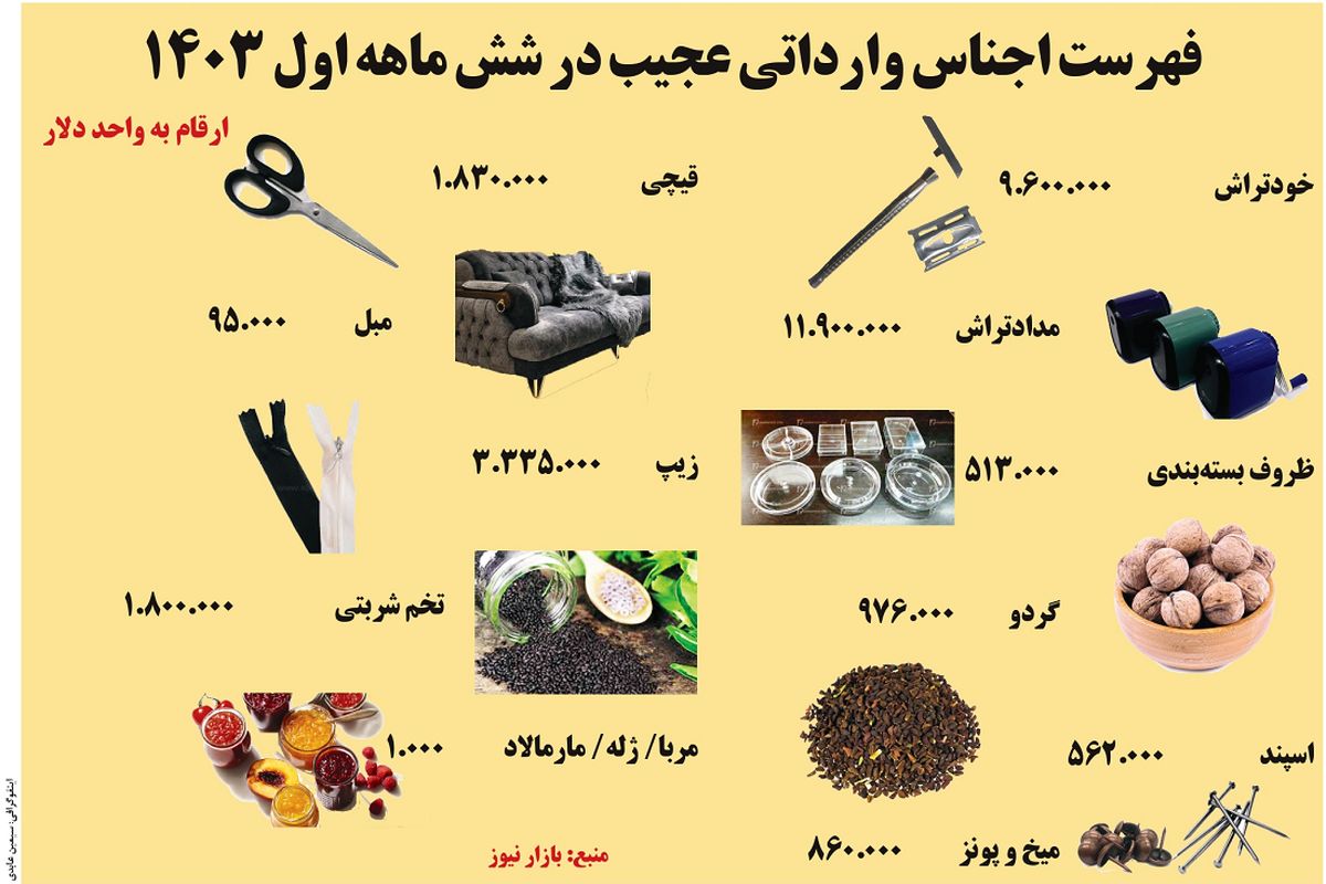 فهرست عجیب اجناس وارداتی در شش ماهه اول ۱۴۰۳ 