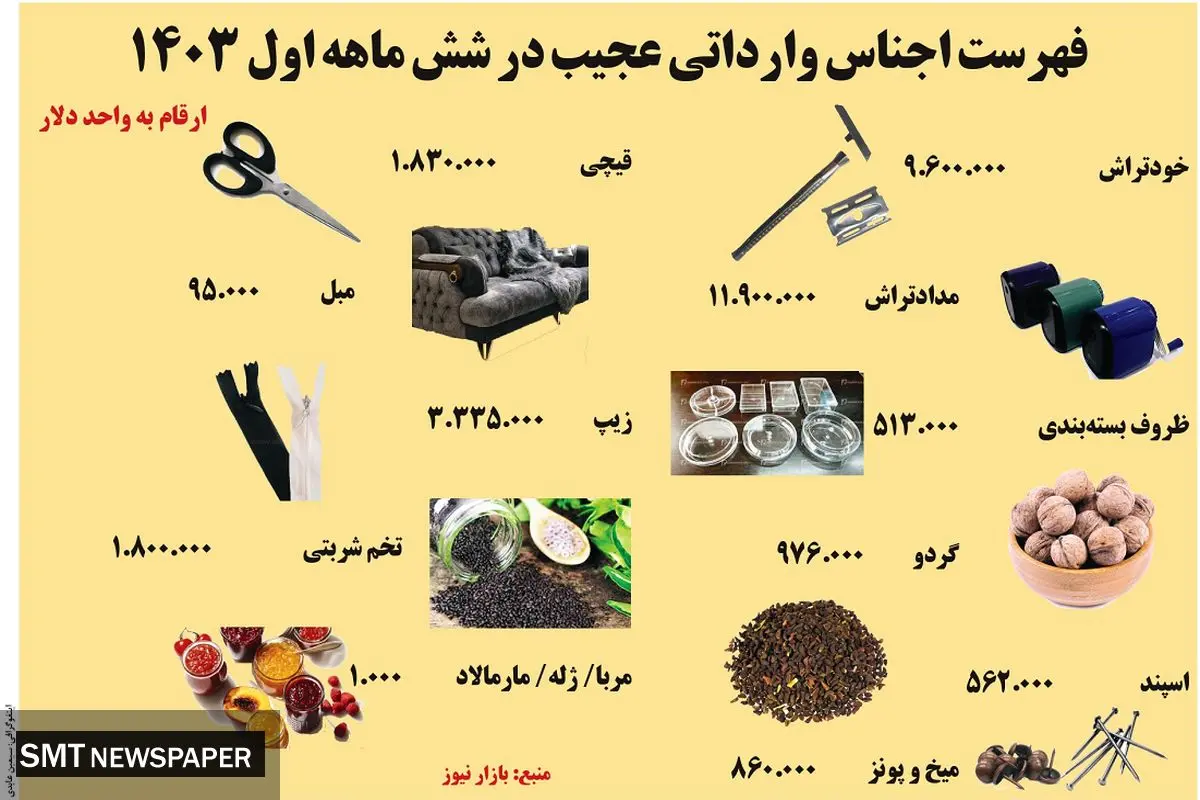 فهرست عجیب اجناس وارداتی در شش ماهه اول ۱۴۰۳ 