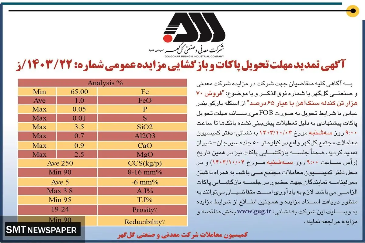 آگهی تمدید مهلت تحویل پاکات و بازگشایی مزایده عمومی فروش ۷۰ هزار تن گندله سنگ آهن شرکت معدنی و صنعتی گل گهر