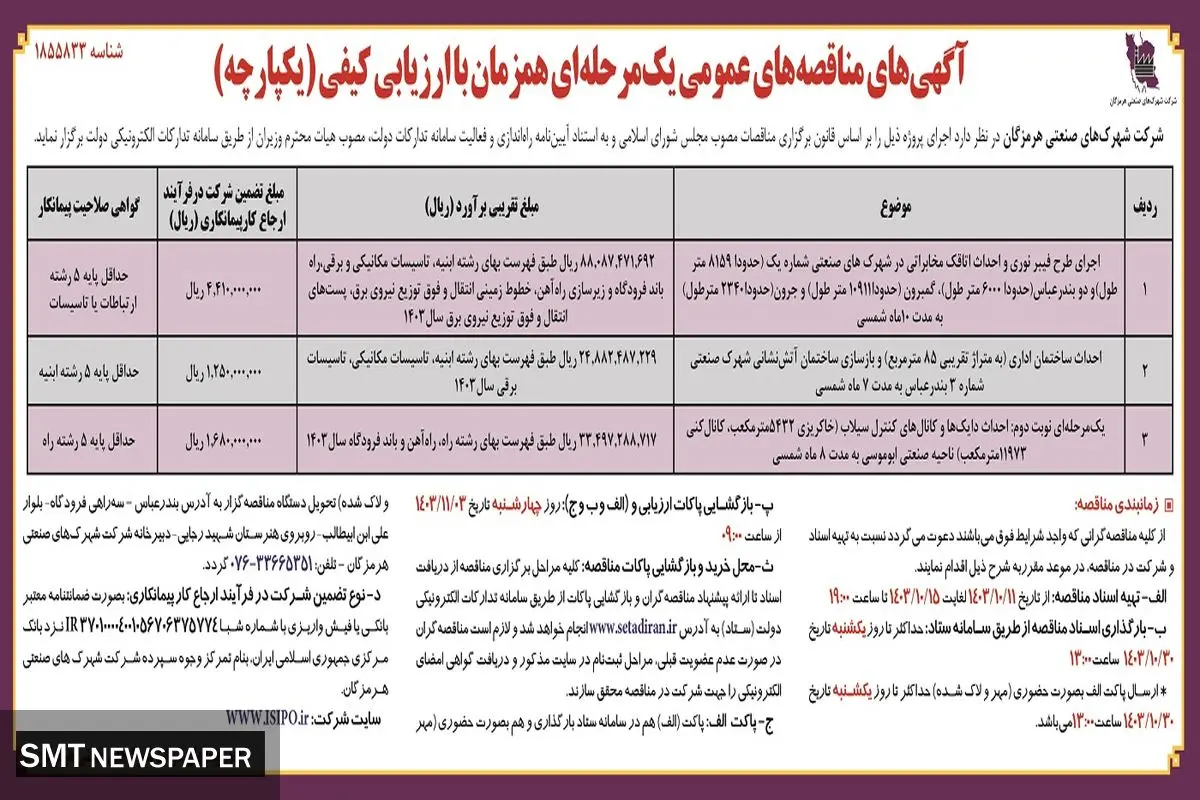آگهی مناقصه های عمومی یک مرحله ای همزمان با ارزیابی کیفی شرکت شهرکهای صنعتی هرمزگان