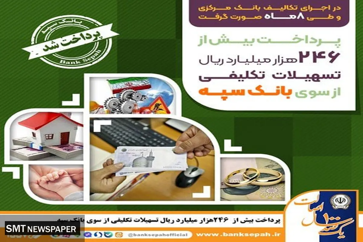 پرداخت بیش از 246 هزار میلیارد ریال تسهیلات تکلیفی از سوی بانک سپه