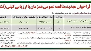 تجدید مناقصه عمومی همزمان با ارزیابی فشرده احداث راه اصلی محور اسکل آباد - بزمان اداره کل راه و شهرسازی جنوب استان سیستان و بلوچستان ( نوبت اول )