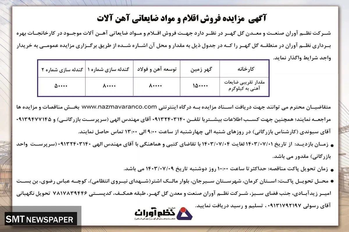 آگهی مزایده فروش اقلام و مواد ضایعاتی آهن آلات شرکت نظم آوران صنعت و معدن گل گهر