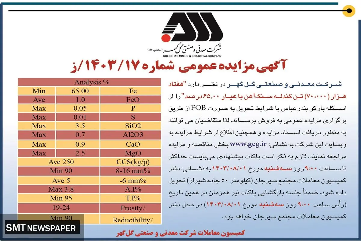 مزایده عمومی فروش هفتاد هزار تن گندله سنگ آهن شرکت گل گهر