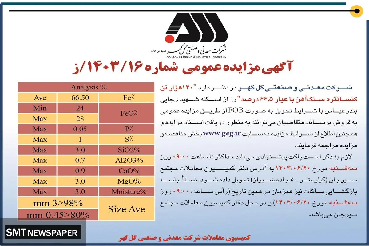 مزایده عمومی فروش ۱۴۰ هزار تن کنسانتره سنگ آهن شرکت گل گهر