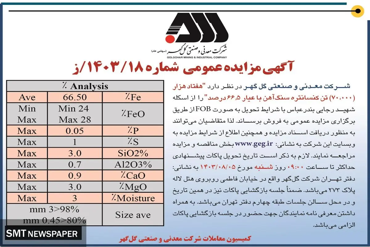 مزایده عمومی هفتاد هزار تن کنسانتره سنگ آهن شرکت معدنی وصنعتی گل گهر