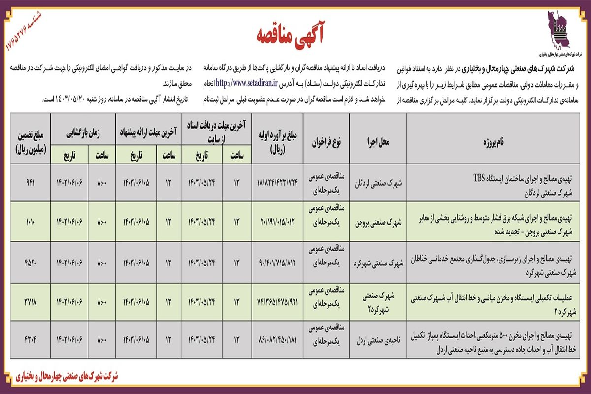 مناقصه عمومی شرکت شهرک های صنعتی چهار محال و بختیاری 