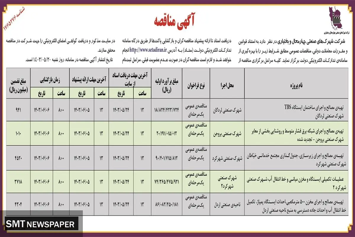 مناقصه عمومی شرکت شهرک های صنعتی چهار محال و بختیاری 