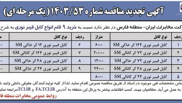 تجدید مناقصه عمومی خرید ۹ قلم انواع کابل فیبرنوری شرکت مخابرات ایران - منطقه فارس