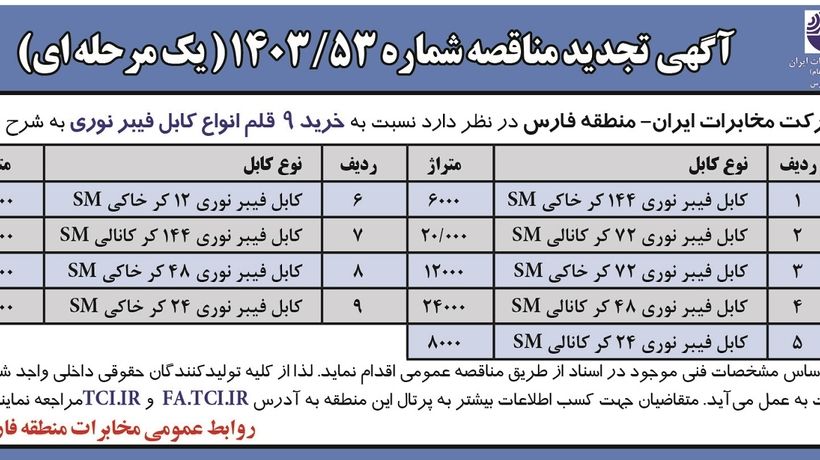 تجدید مناقصه عمومی خرید ۹ قلم انواع کابل فیبرنوری شرکت مخابرات ایران - منطقه فارس