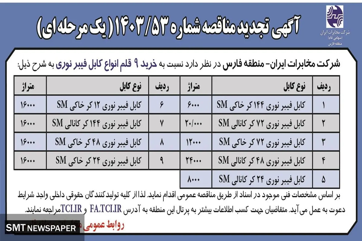 تجدید مناقصه عمومی خرید ۹ قلم انواع کابل فیبرنوری شرکت مخابرات ایران - منطقه فارس