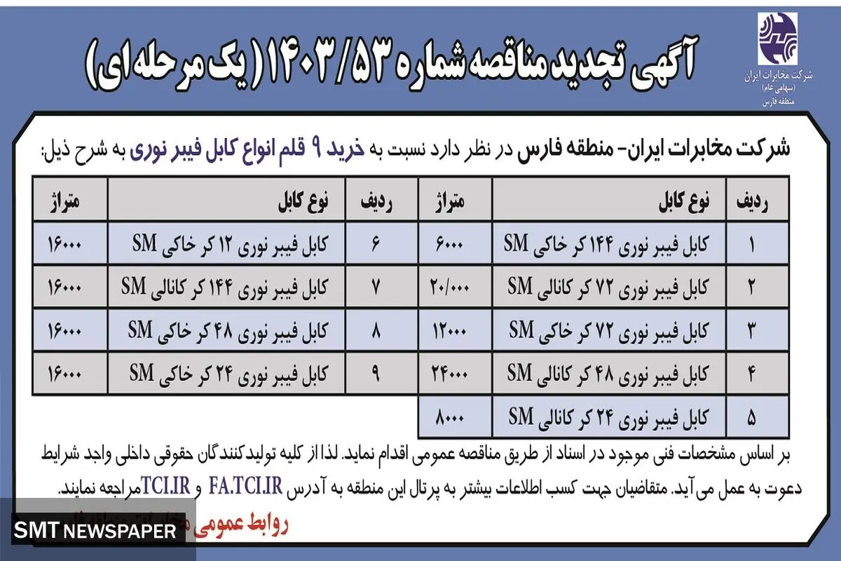 تجدید مناقصه عمومی خرید ۹ قلم انواع کابل فیبرنوری شرکت مخابرات ایران - منطقه فارس